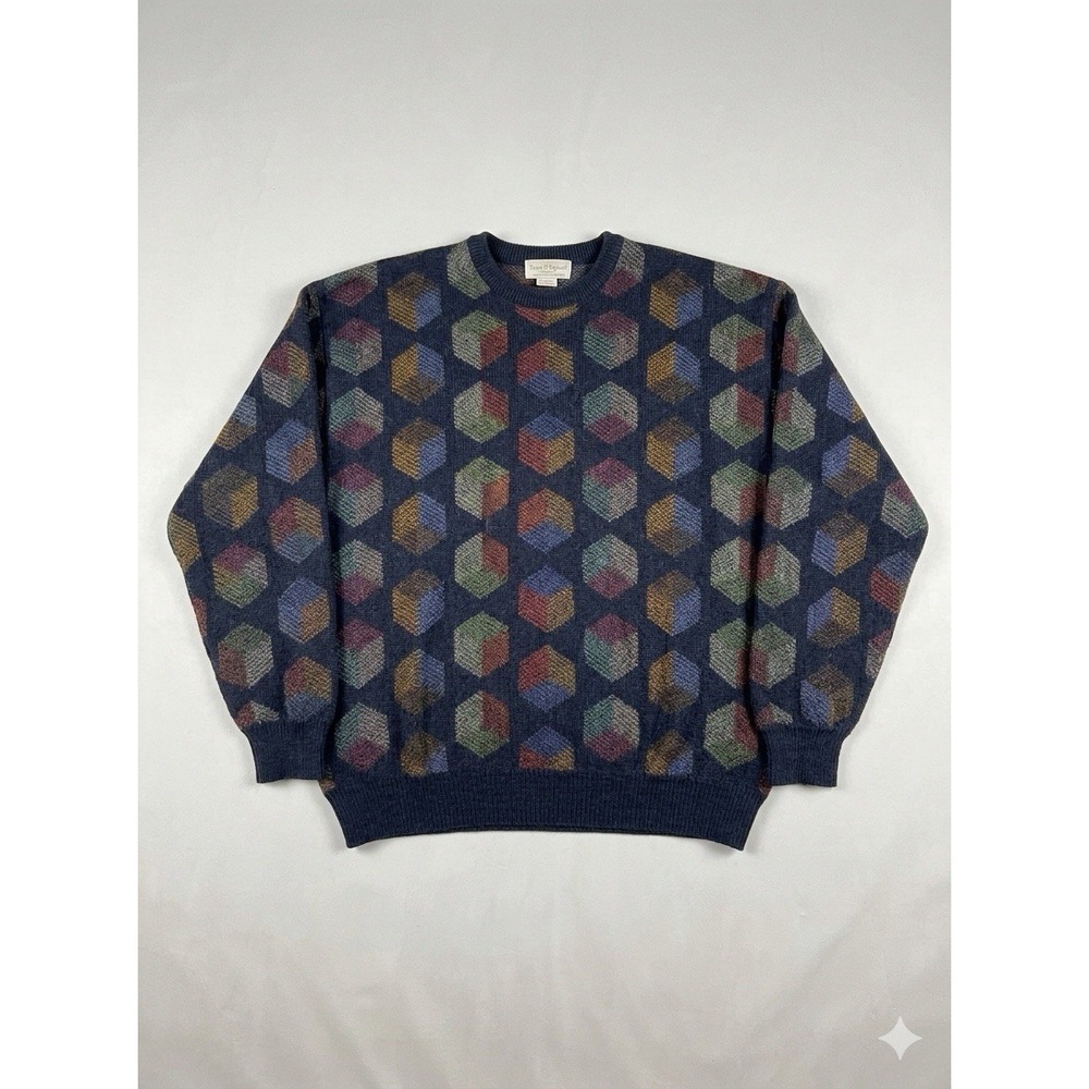 Vtg Tricots St Raphael Merino Wool Sweater Mens XL 3D Geometric Cube Uruguay